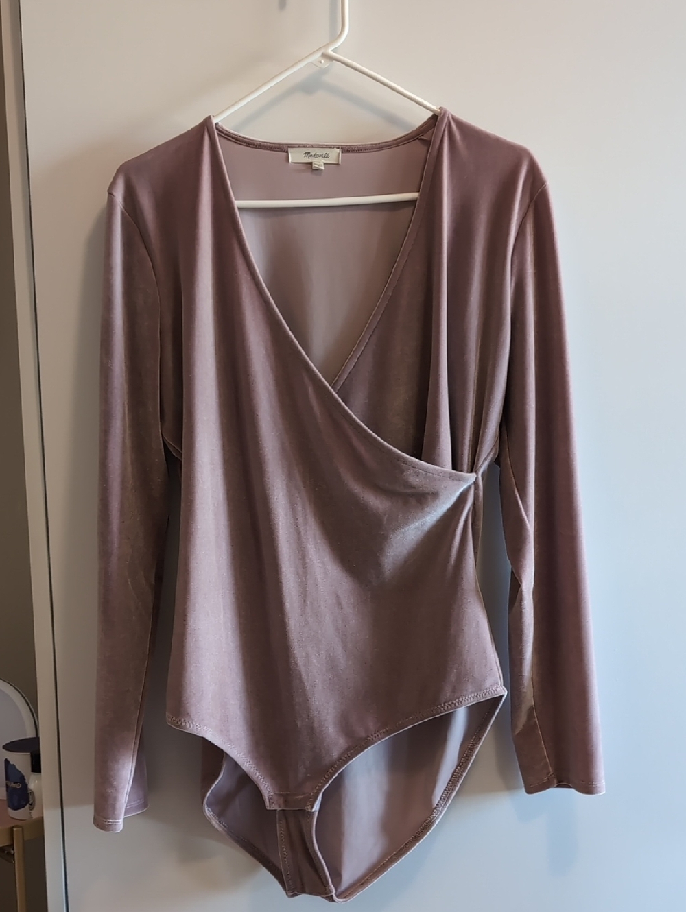 Madewell Dusty Mauve Velvet Wrap-Front Long Sleeve Bodysuit